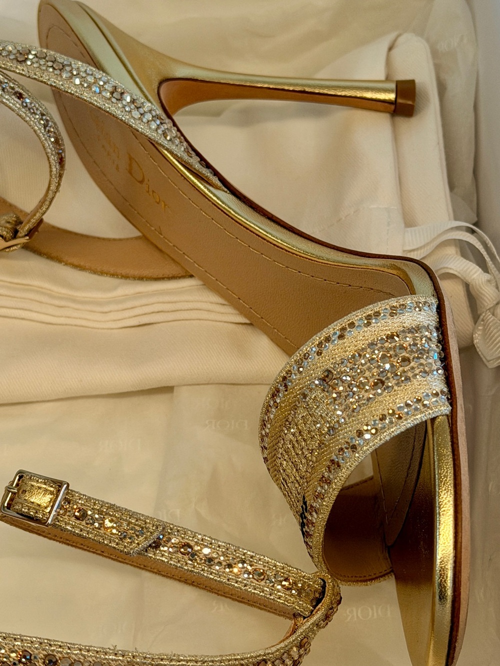 Christian Dior Gold Crystal Embellished Ankle-Strap Sandal. Worn once. - Picture 12 of 16